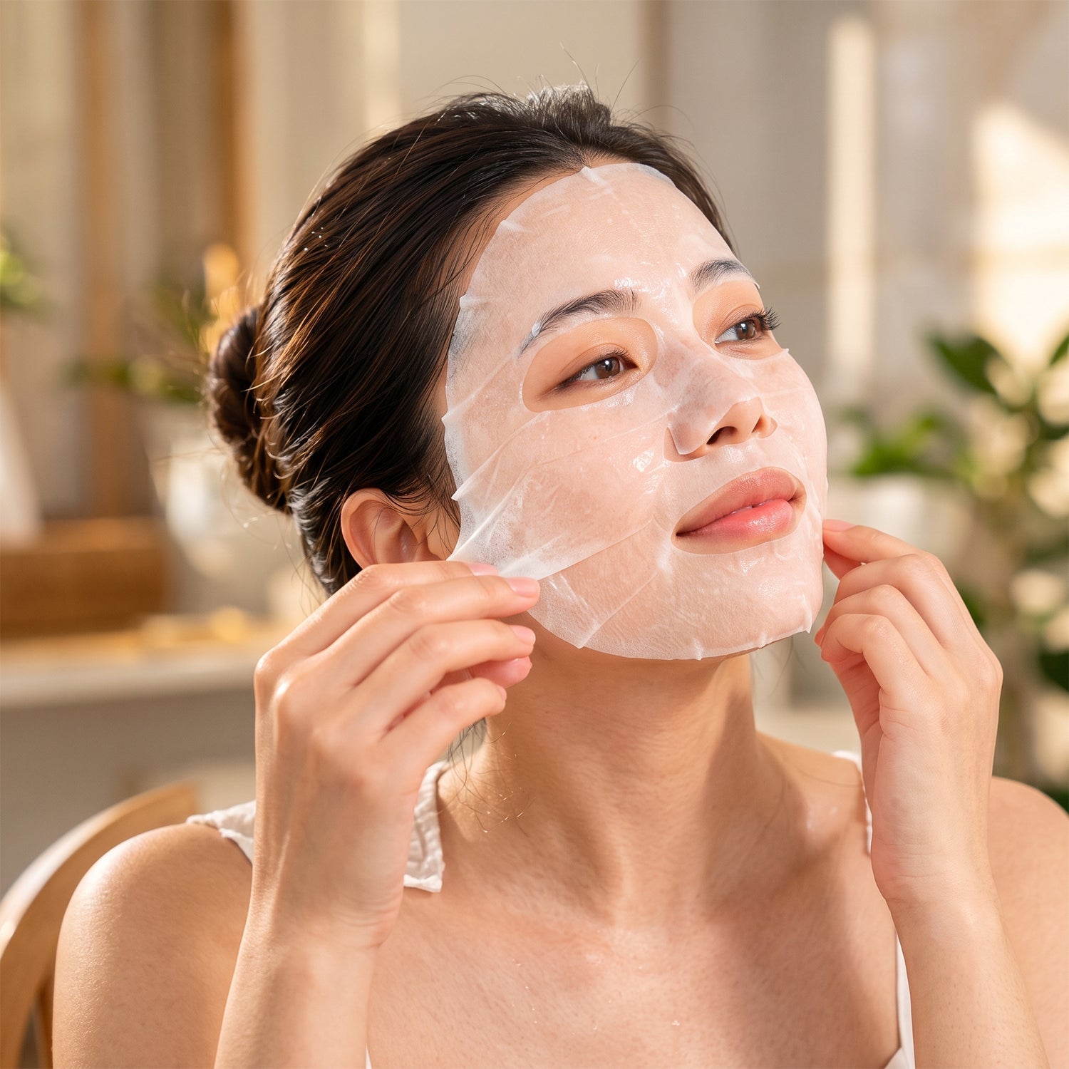A woman gently peels a white sheet mask from her face, revealing glowing skin underneath, in a soft-lit indoor setting.