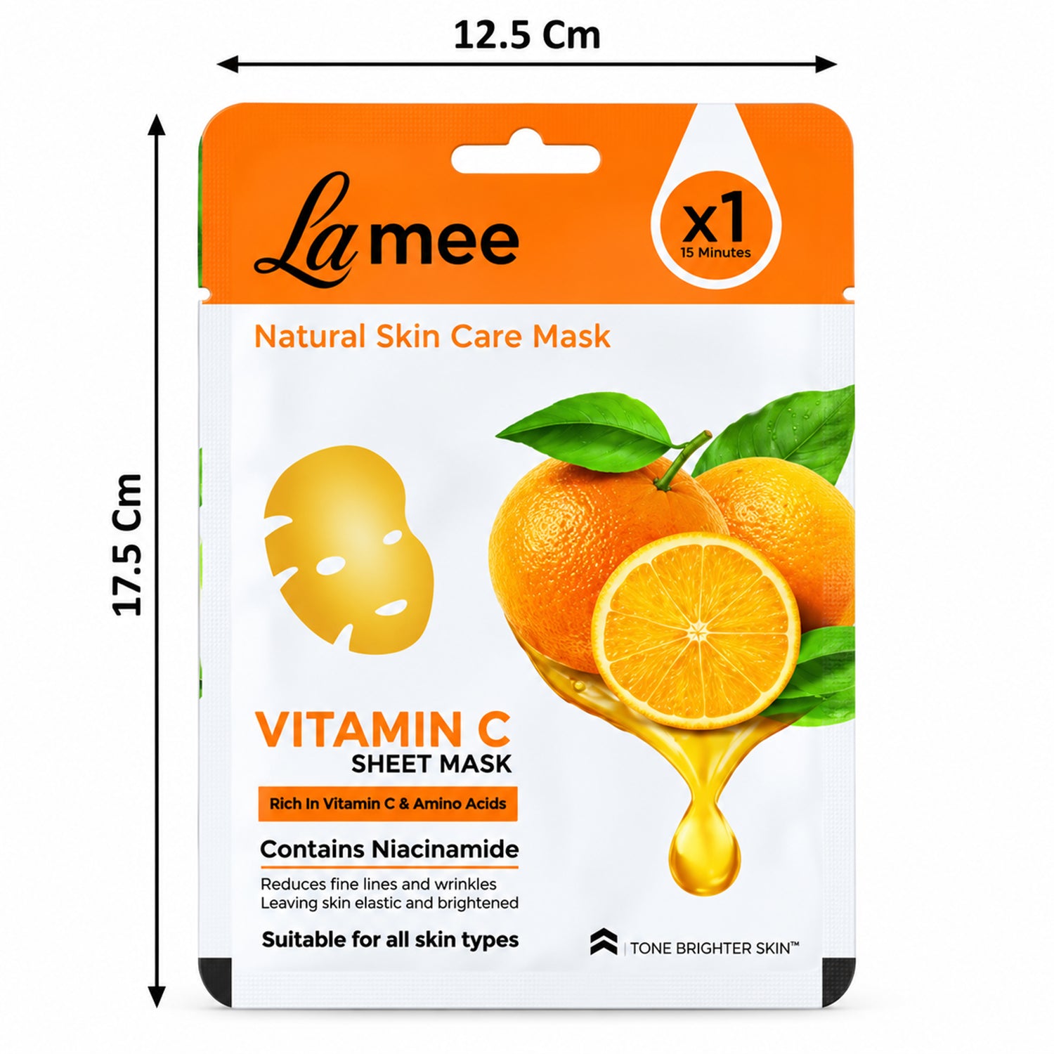 A white and orange sheet mask package is shown with black arrows indicating its dimensions of 12.5 cm width and 17.5 cm