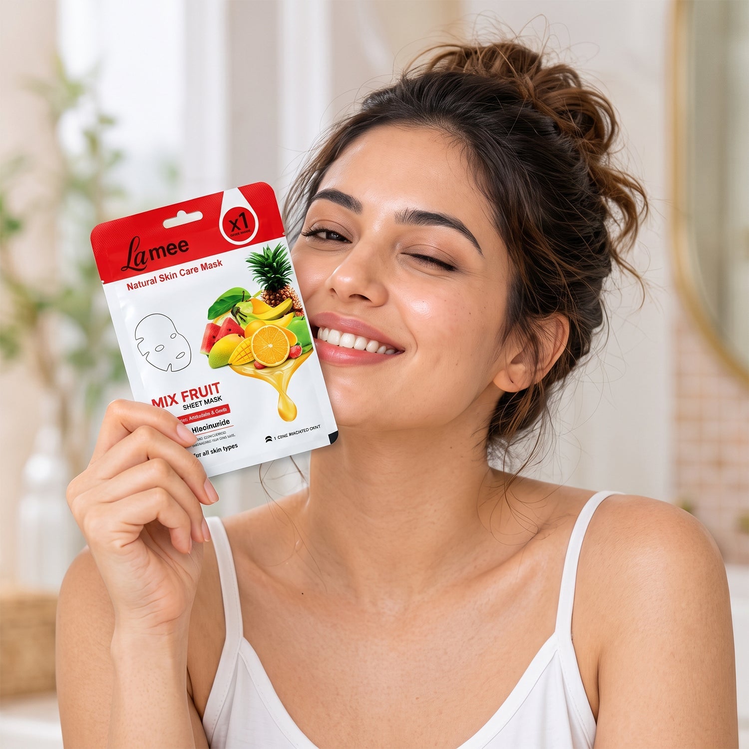 A smiling woman with brown hair holds a white and red facial sheet mask package with fruit designs to her cheek.
