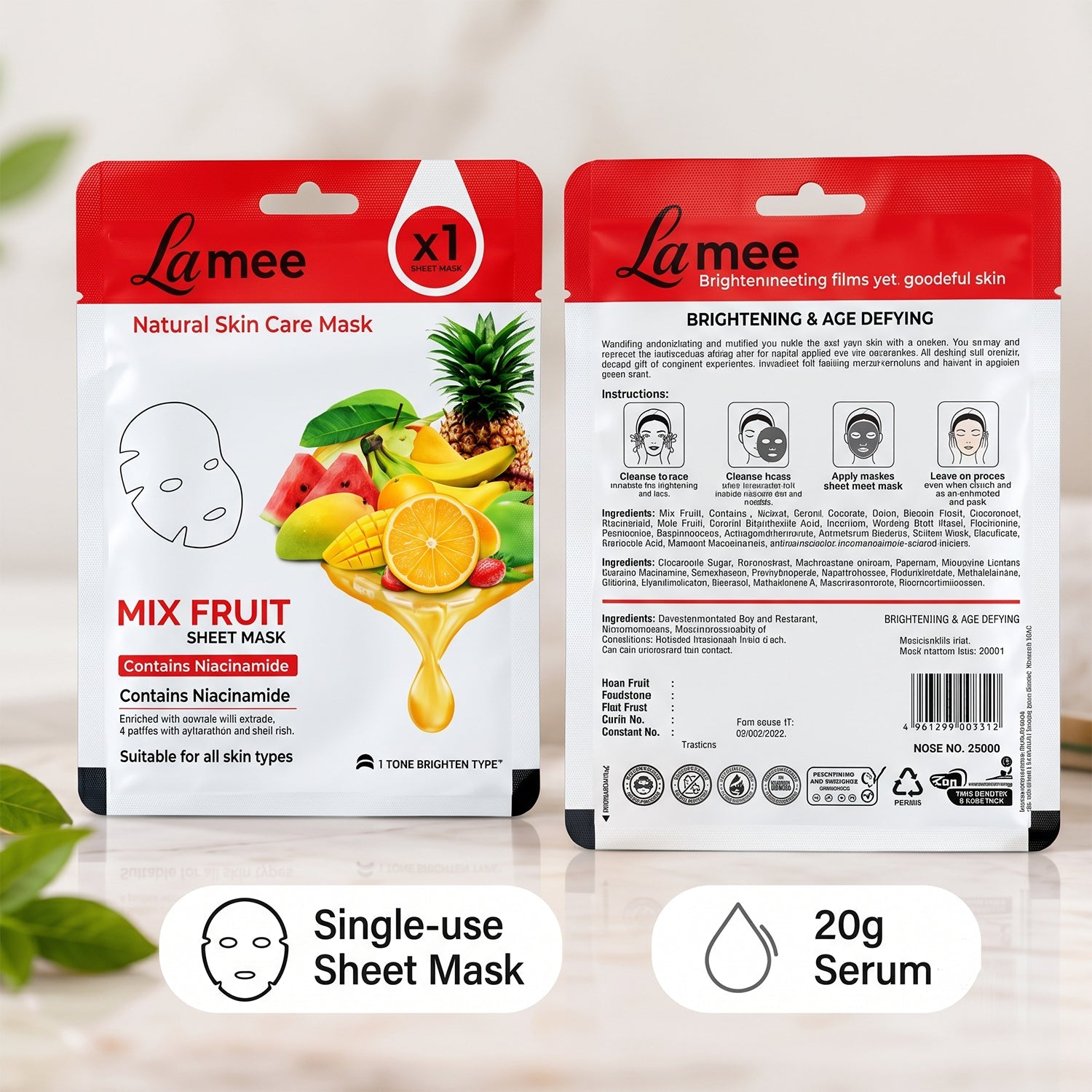 The front and back of a white and red facial sheet mask package with fruit designs are displayed side-by-side.