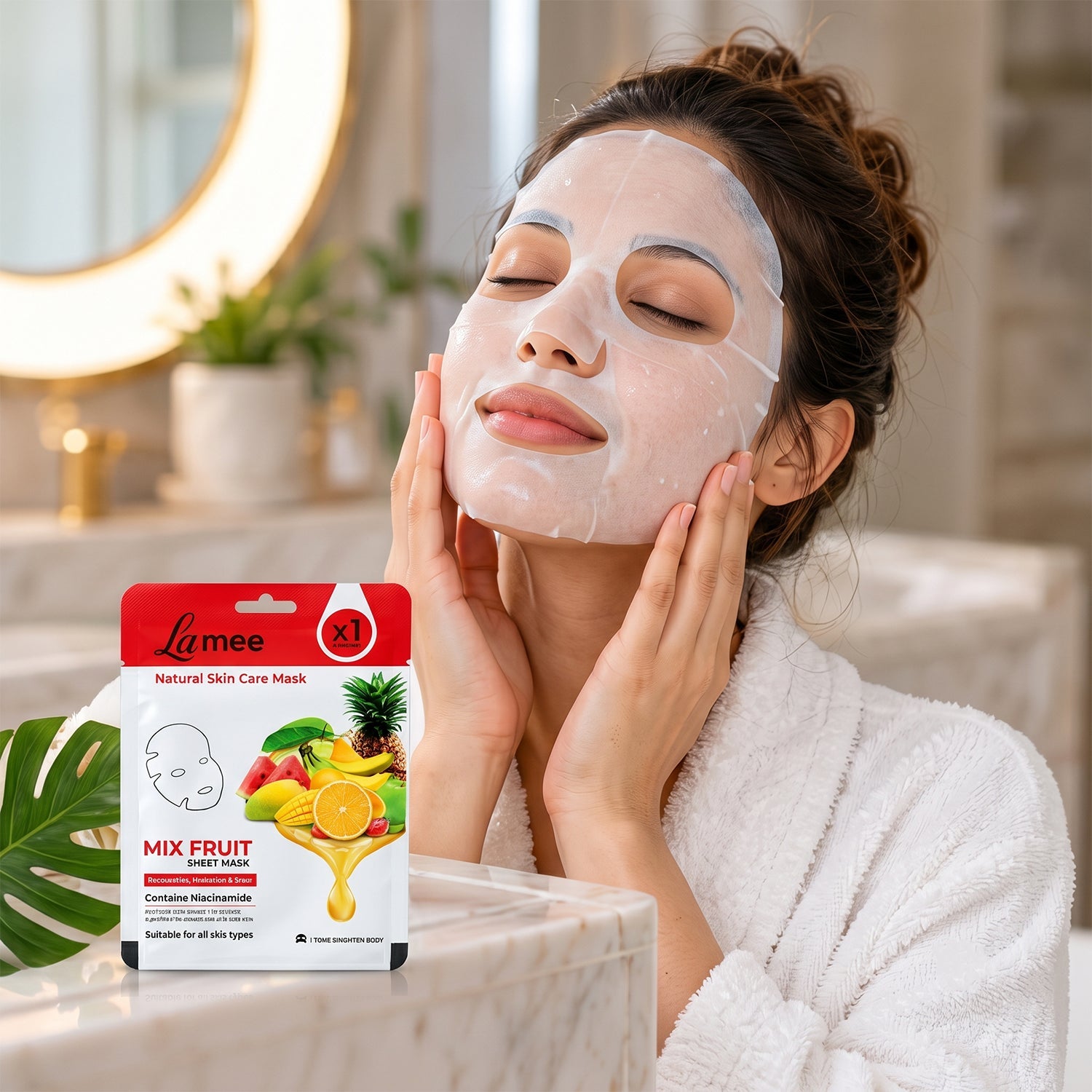 A woman in a white robe wears a sheet mask on her face while touching her cheeks, with a mask package nearby.
