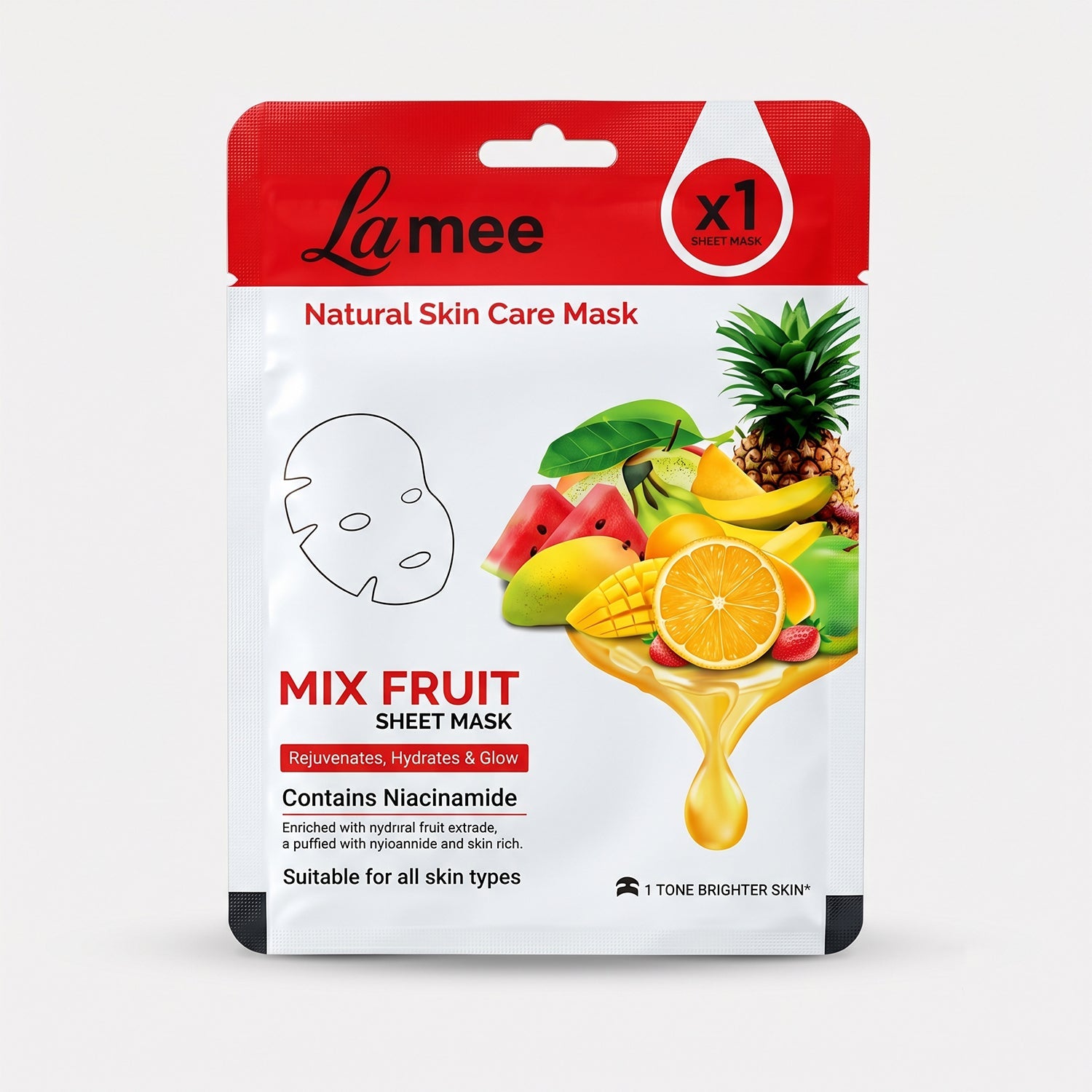 A white and red facial sheet mask package with fruit designs, including pineapple, mango, and watermelon, is centered on a