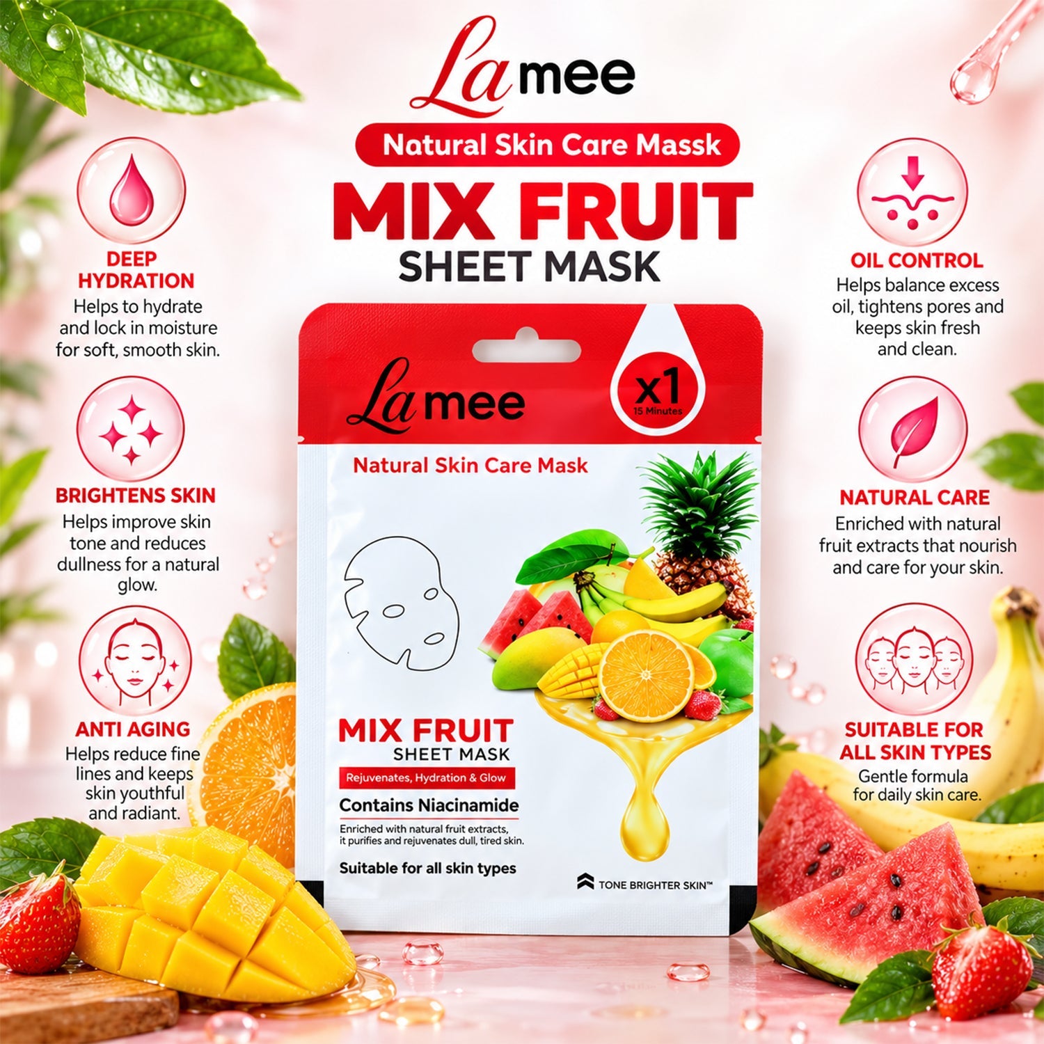 A white and red facial sheet mask package with fruit designs is surrounded by mango, watermelon, and bananas, with benefit