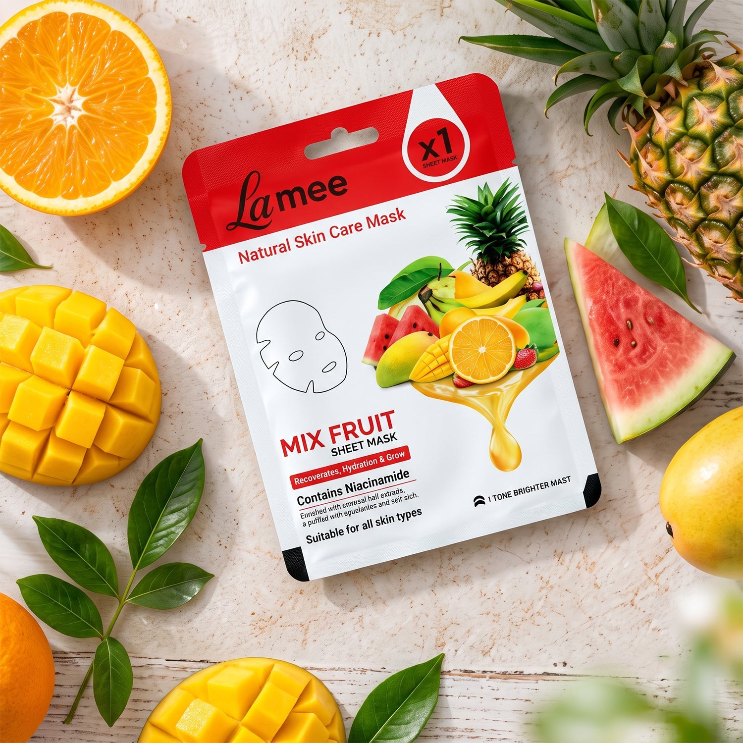 A white and red facial sheet mask package with fruit designs is arranged on a light wooden surface with sliced oranges,