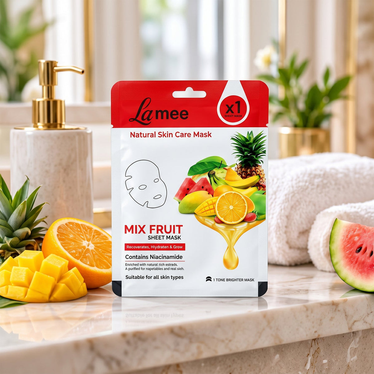 A white and red facial sheet mask package with fruit designs sits on a marble counter next to a golden soap dispenser,