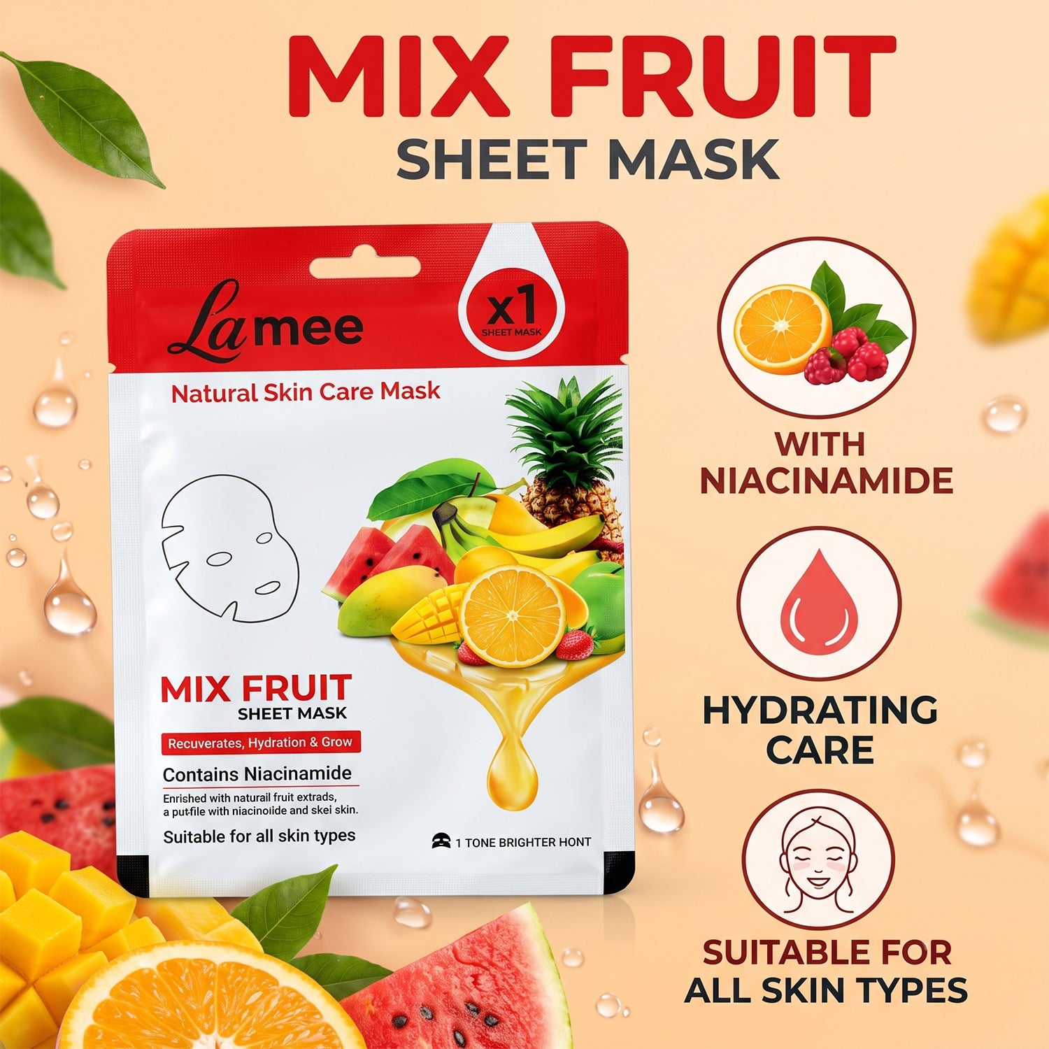 A white and red facial sheet mask package with fruit designs is surrounded by fruit slices and leaves, with text