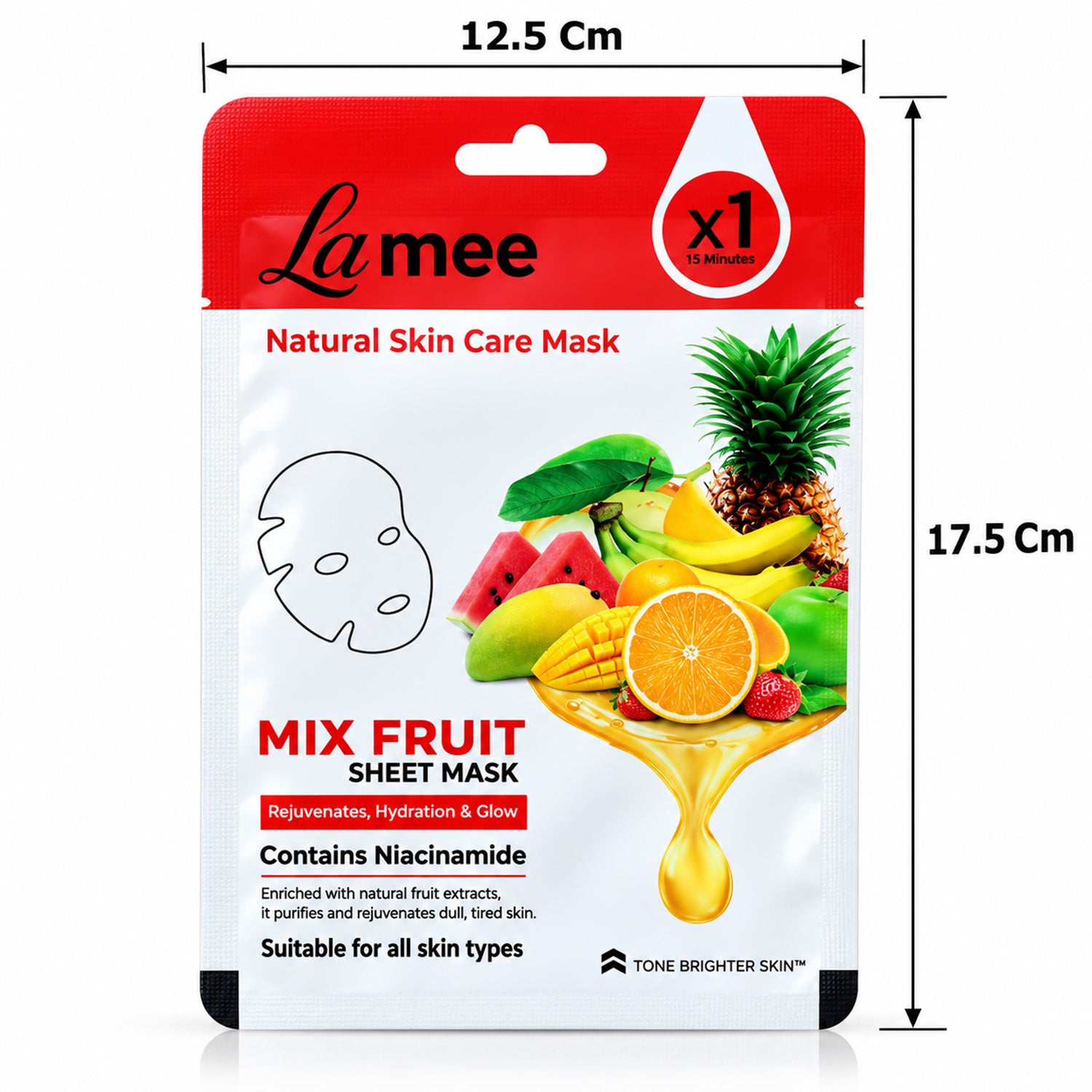 A white and red facial sheet mask package with fruit designs is shown with dimensions of 12.5 cm width and 17.5 cm height.