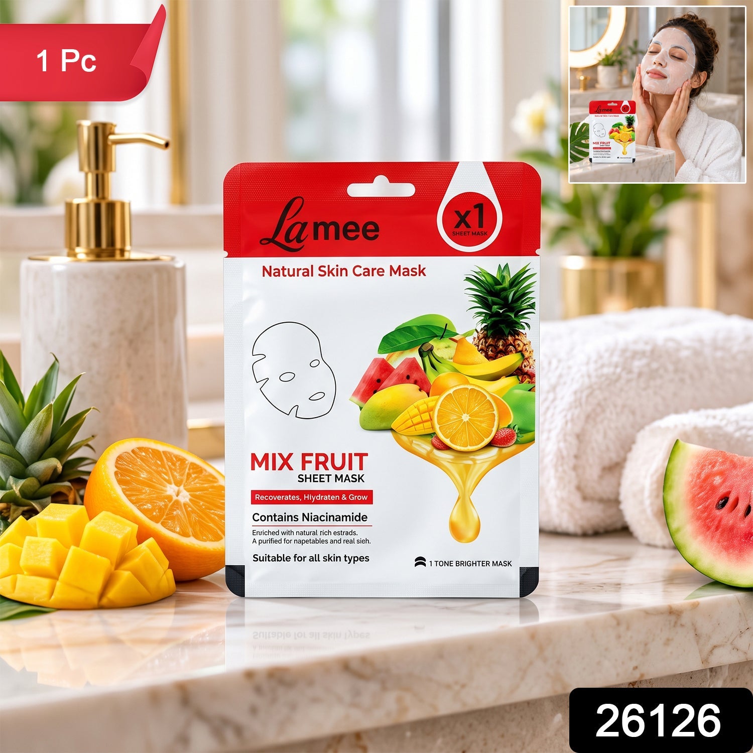 A white and red facial sheet mask package with fruit designs is on a marble counter; a small inset shows a woman applying a
