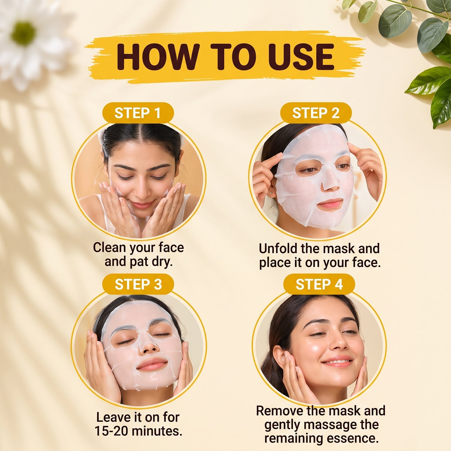 Four step-by-step illustrations showing a woman cleaning her face, applying, waiting, and removing a sheet mask.