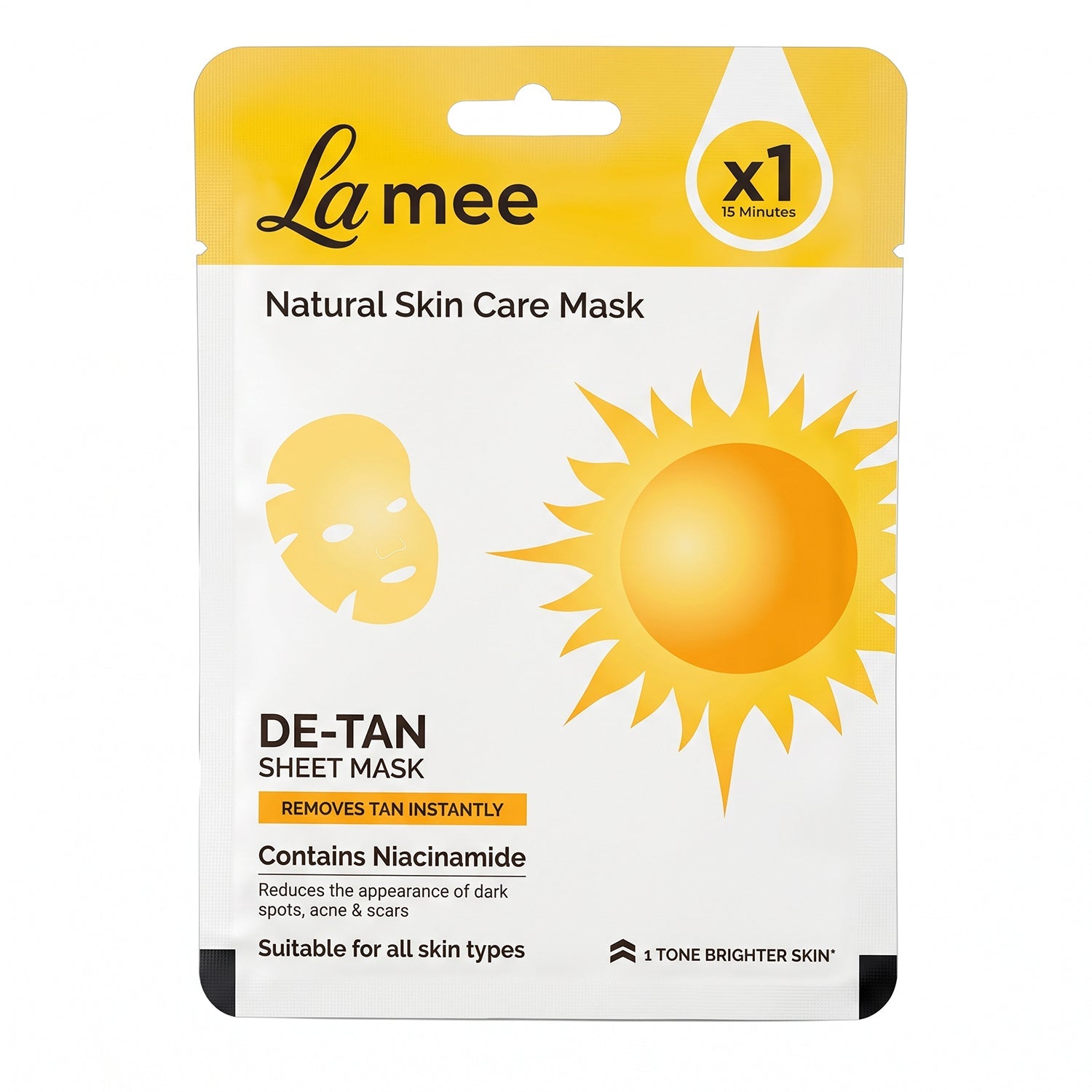 Front view of a white and yellow de-tan sheet mask package with sun and face graphics.
