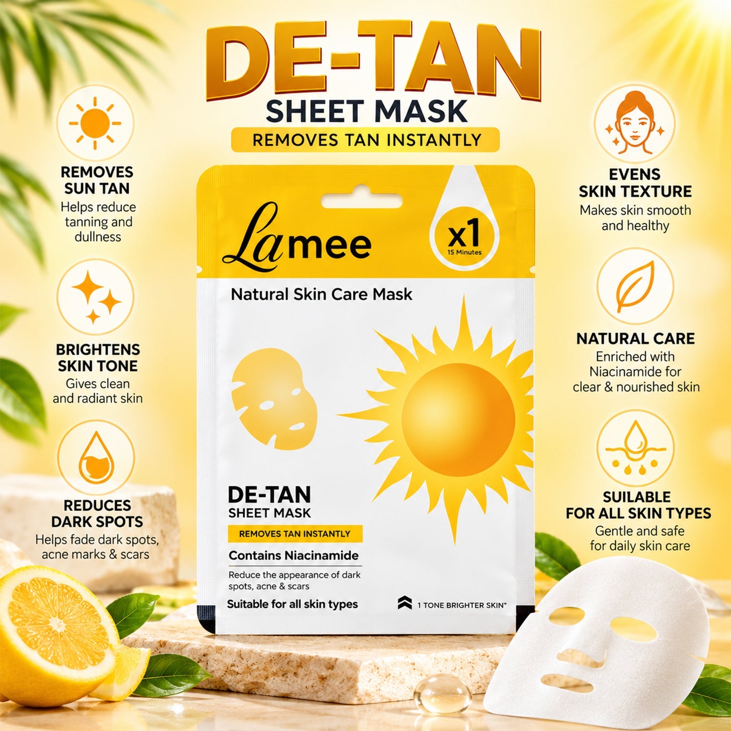 De-tan sheet mask package surrounded by lemons, a sheet mask, and text highlighting product benefits.
