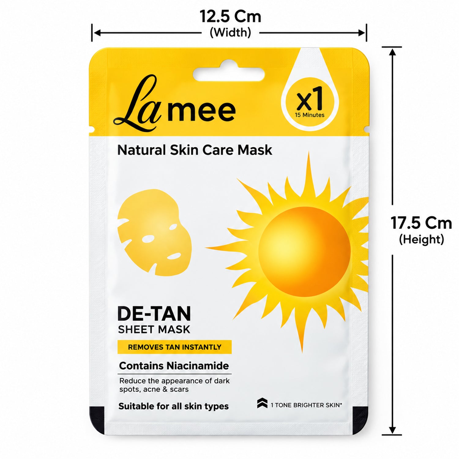 De-tan sheet mask packaging with height and width measurements displayed in centimeters.
