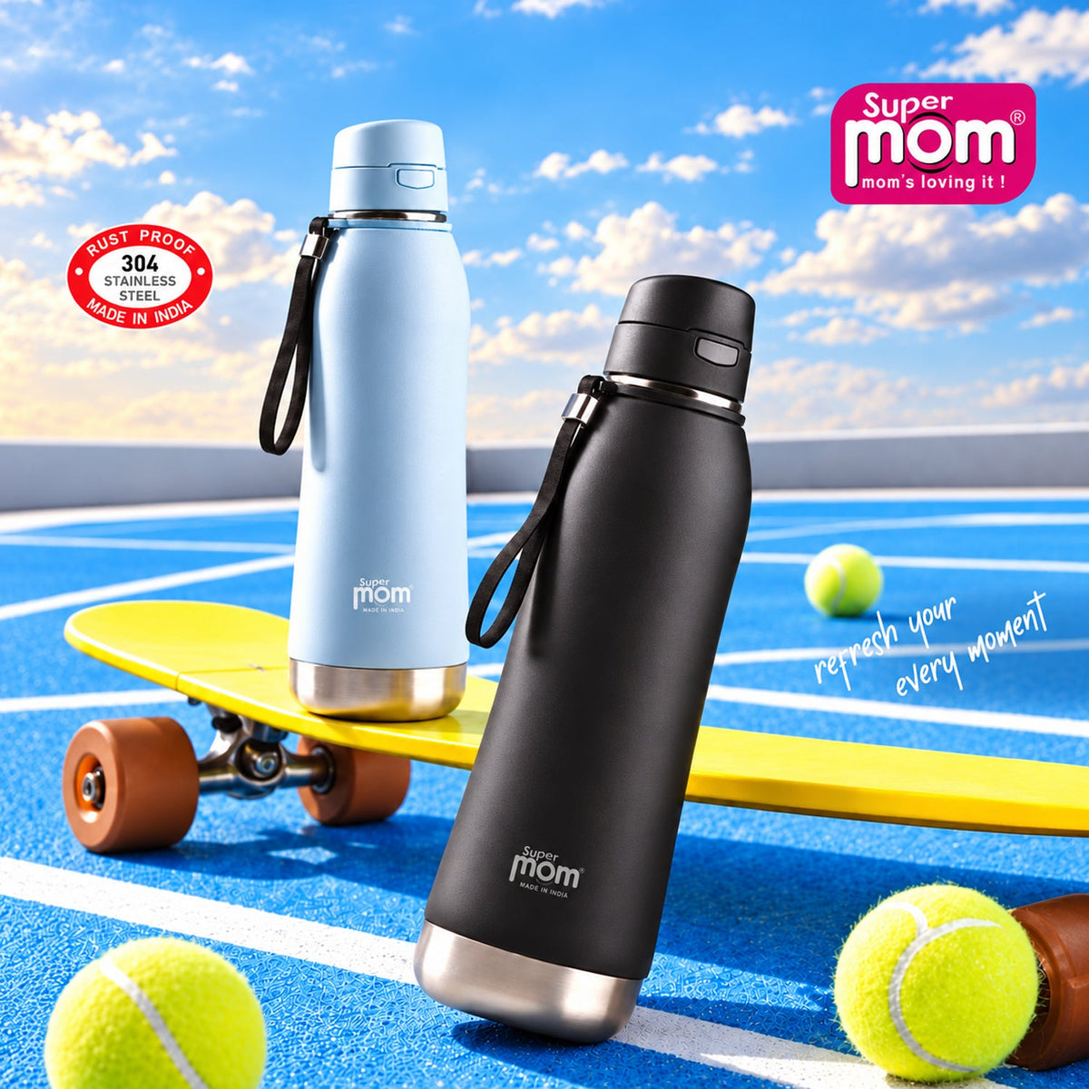 Two insulated stainless steel water bottles, one light blue and one black, stand on a yellow skateboard on a blue track.