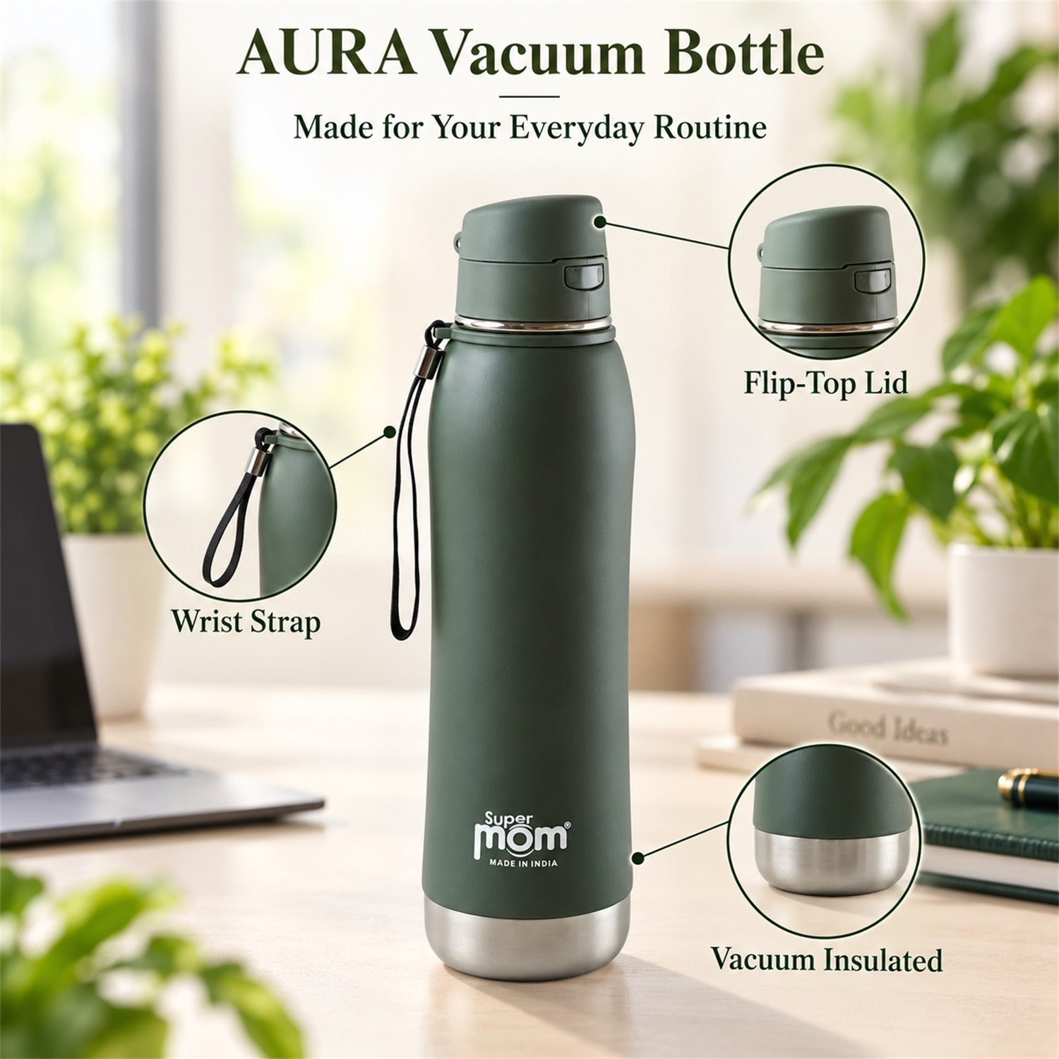 A dark green insulated stainless steel water bottle with callouts for its flip-top lid, wrist strap, and vacuum insulation.