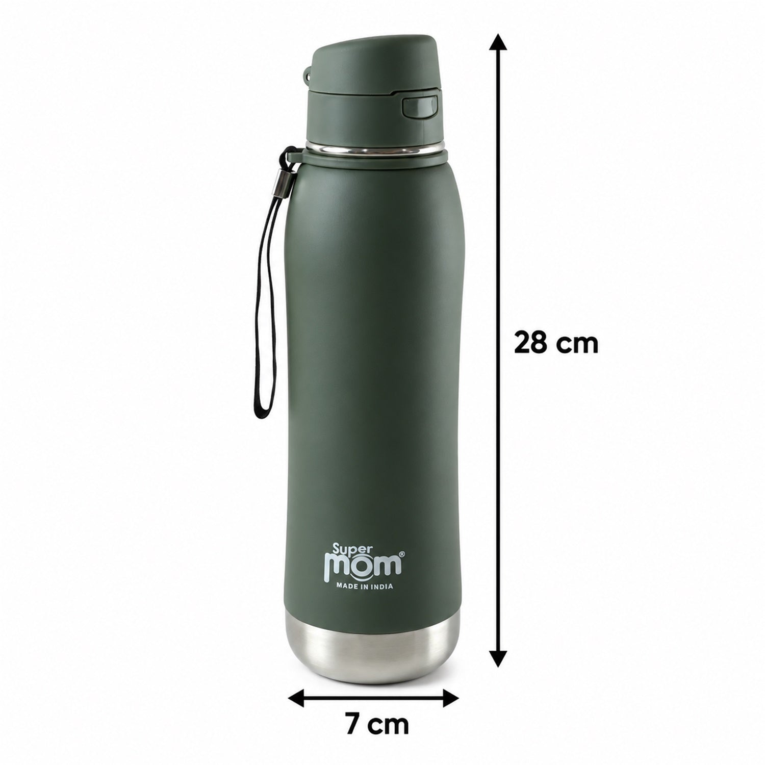 A dark green insulated stainless steel water bottle with a flip lid and wrist strap stands upright with height and width