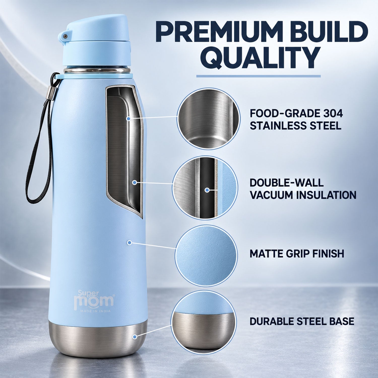 A light blue insulated water bottle with a cutaway view showing its double-wall insulation and a detailed steel base.
