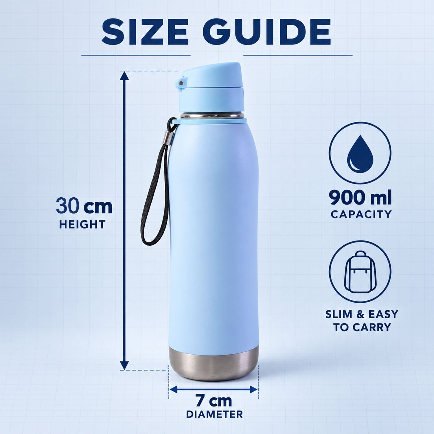 A light blue insulated water bottle with a flip lid and wrist strap, displayed with its height and diameter measurements.