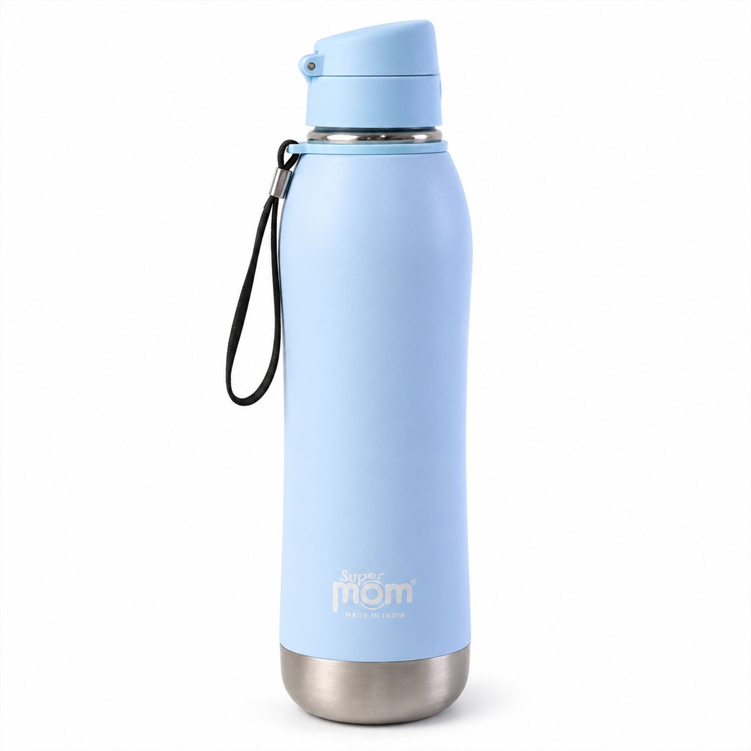 A light blue insulated water bottle with a flip lid and black wrist strap stands upright on a white surface.
