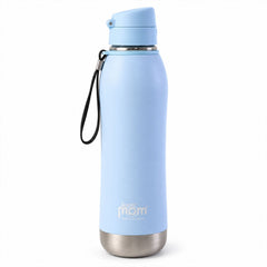A light blue insulated water bottle with a flip lid and black wrist strap stands upright on a white surface.