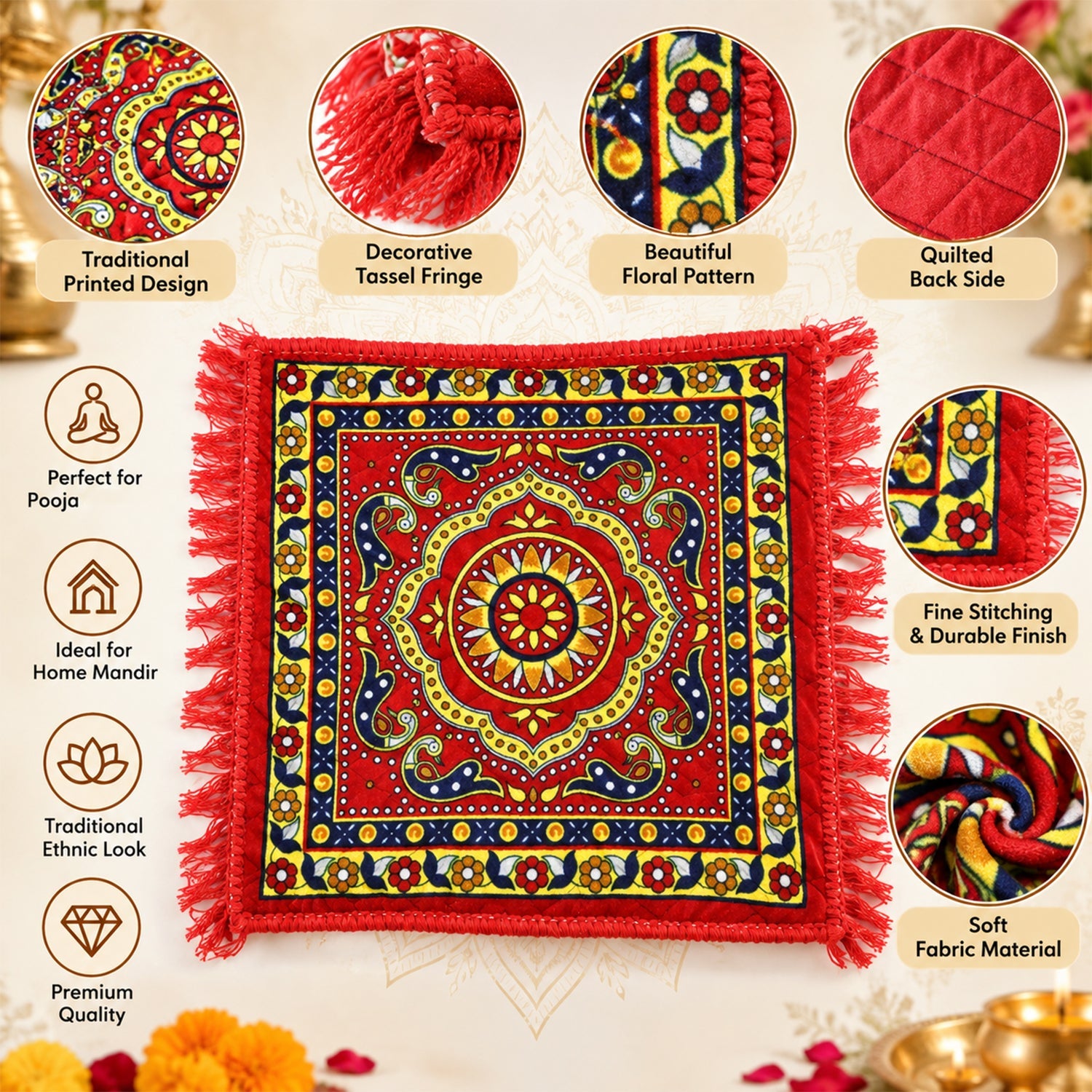 A red prayer mat with a traditional design and fringe, surrounded by callouts highlighting its features.