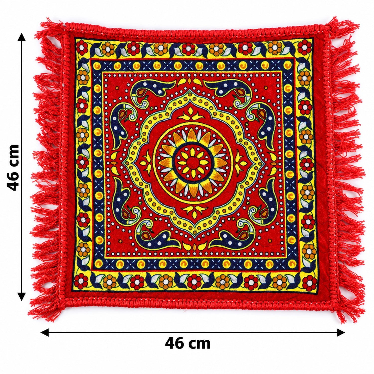 A square red prayer mat with a traditional pattern and fringe, showing dimensions of 46 cm by 46 cm.