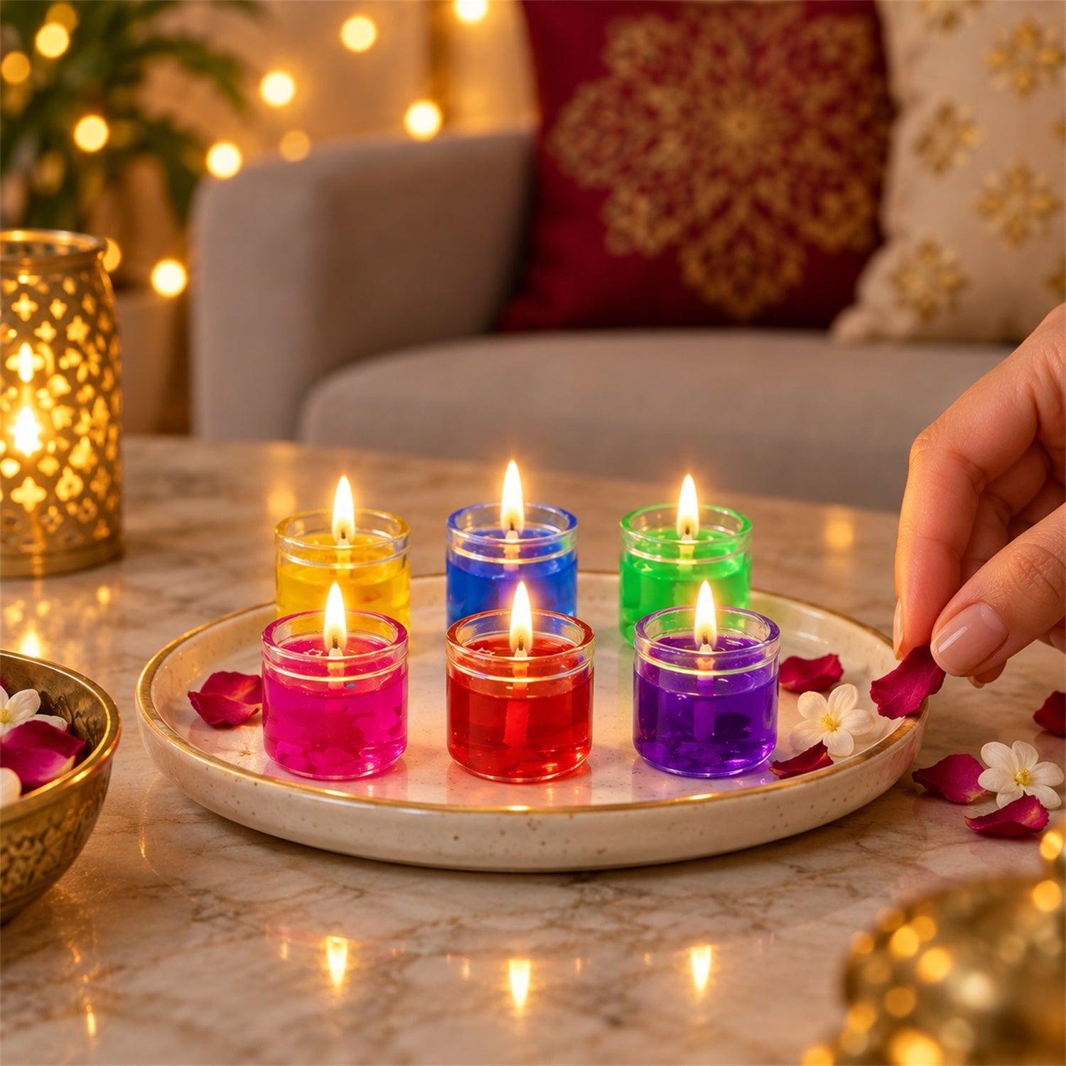 A hand places a pink rose petal on a white plate with six lit gel candles in various colors.