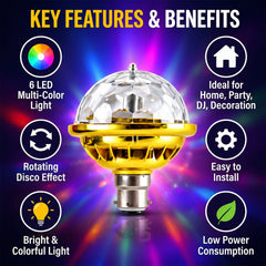 A gold and clear disco bulb with a B22 base is centered against a background of colorful light rays and feature icons.