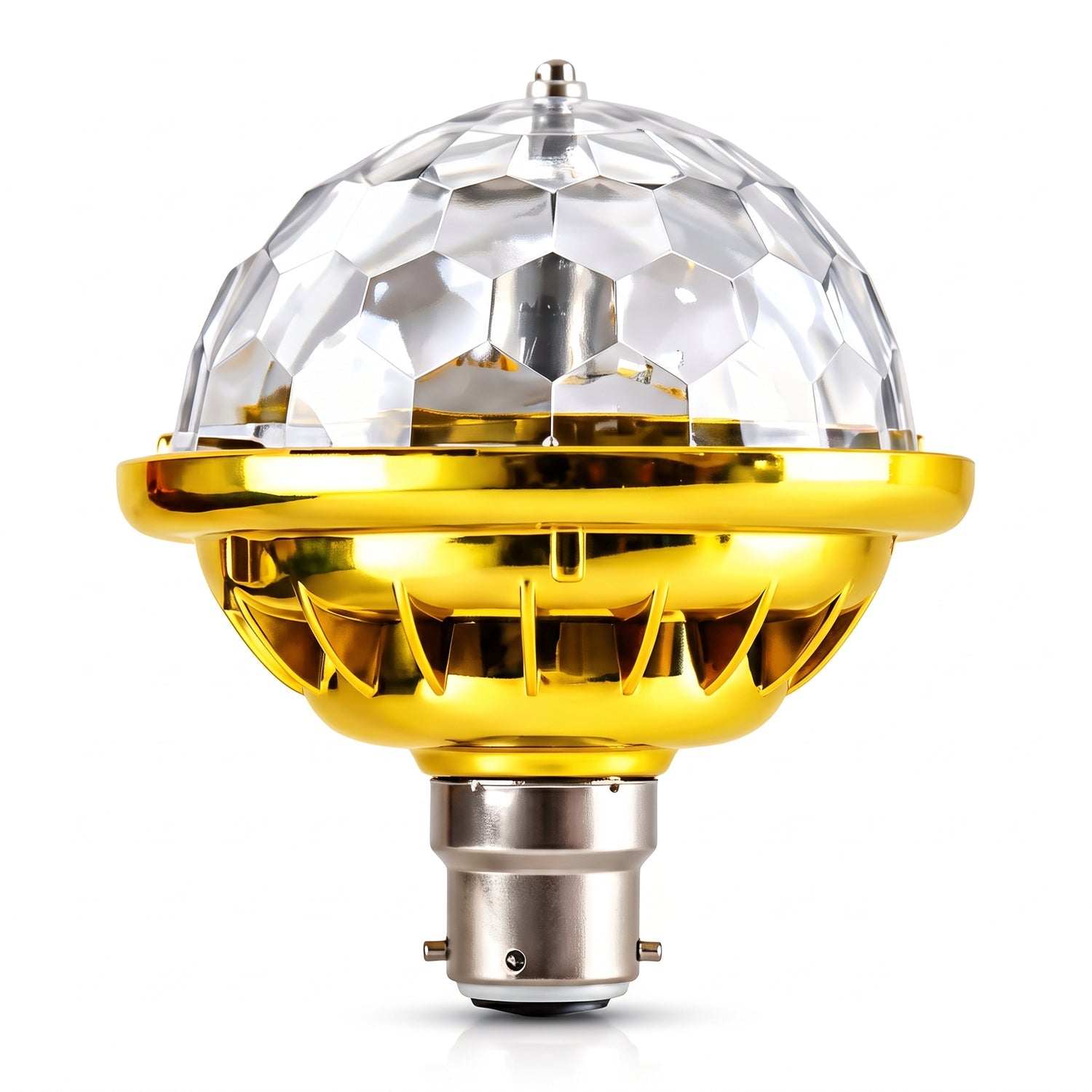 A close-up, eye-level shot of the gold and clear disco bulb with a B22 base against a plain white background.
