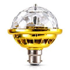 A close-up, eye-level shot of the gold and clear disco bulb with a B22 base against a plain white background.