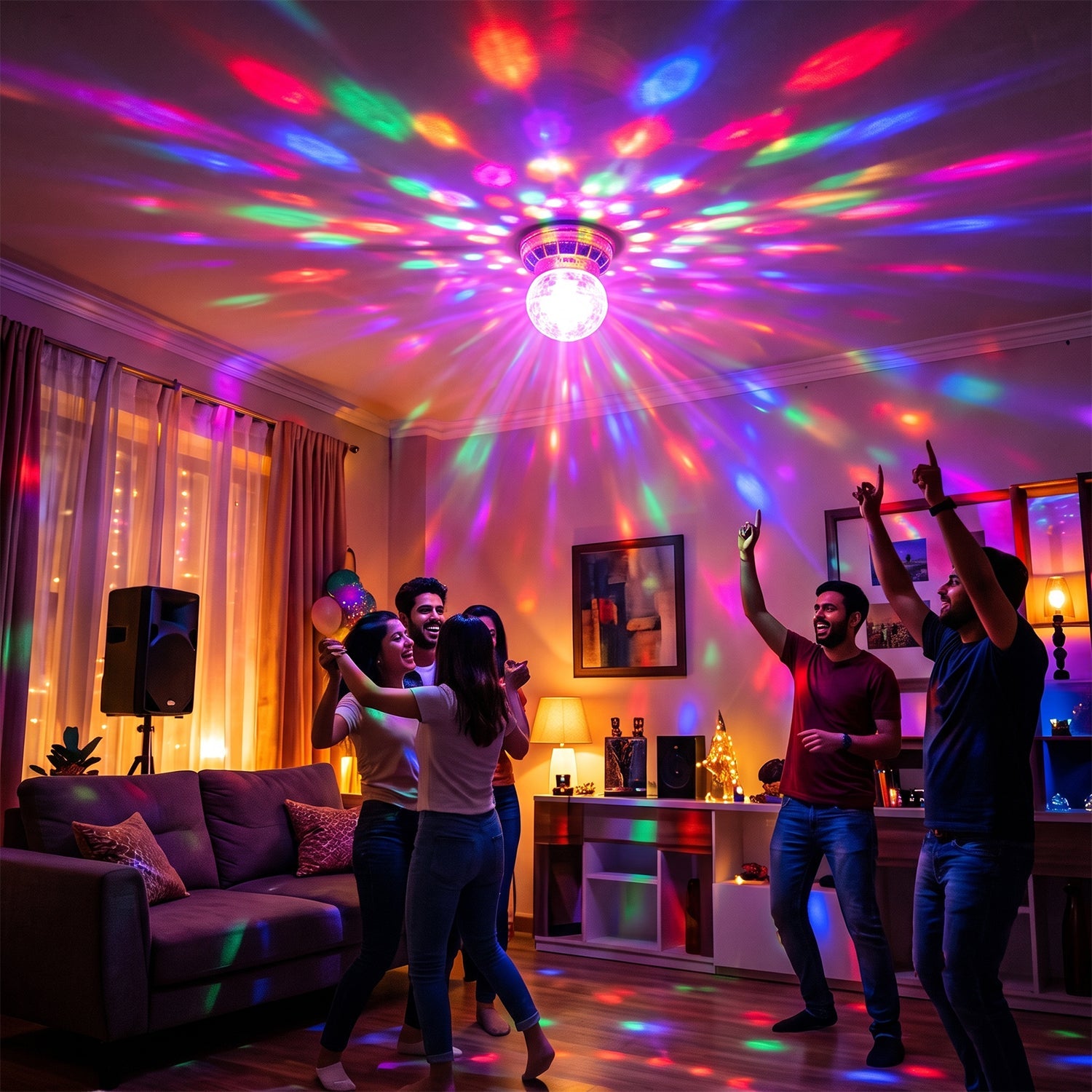 A group of people dance in a living room illuminated by the colorful light patterns projected from a ceiling-mounted disco