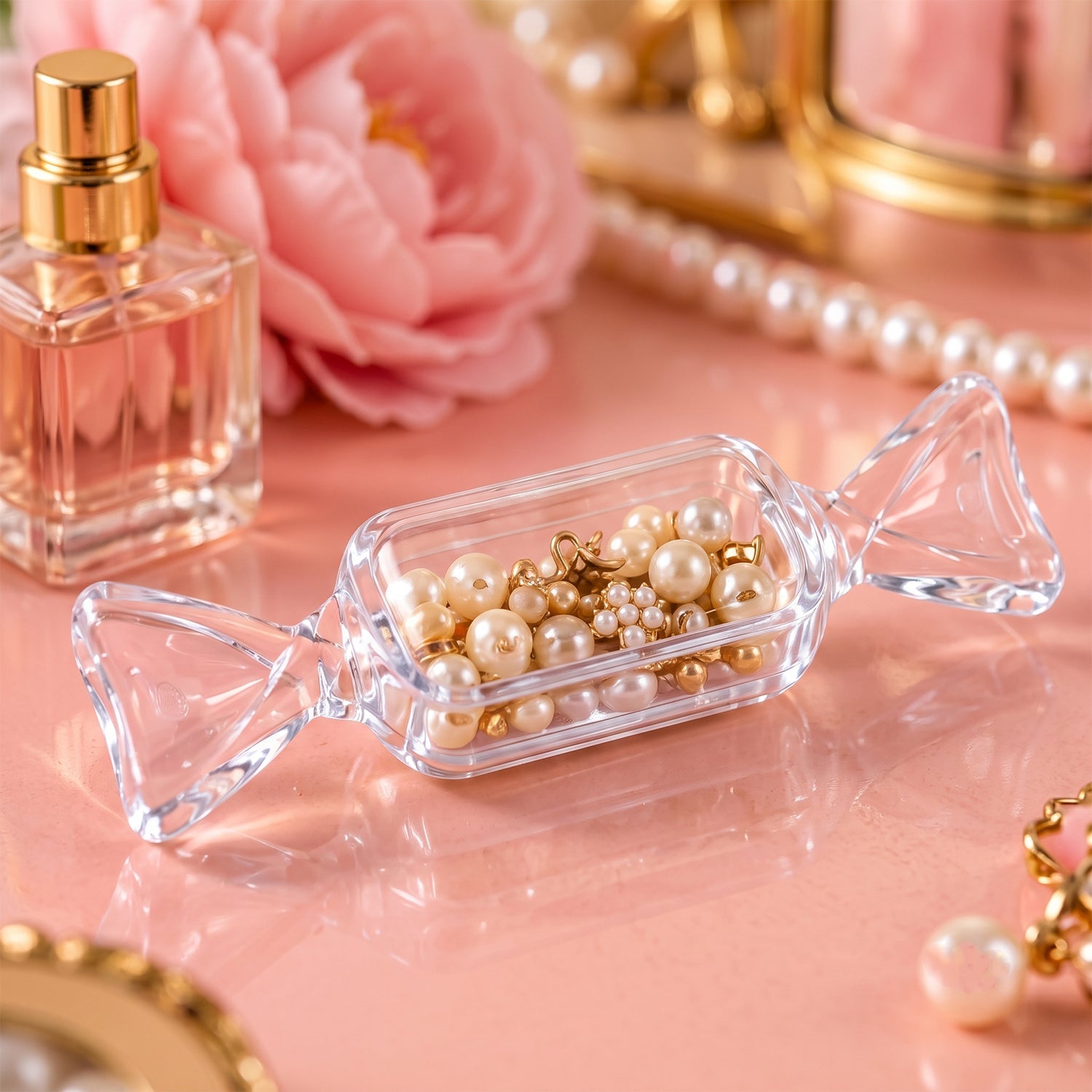 A clear, candy-shaped box filled with small, light-colored pearls and gold charms sits on a pink surface next to a perfume