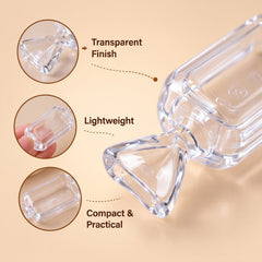 Close-up views of the clear candy-shaped box highlighting its transparent finish, lightweight design, and compact size.