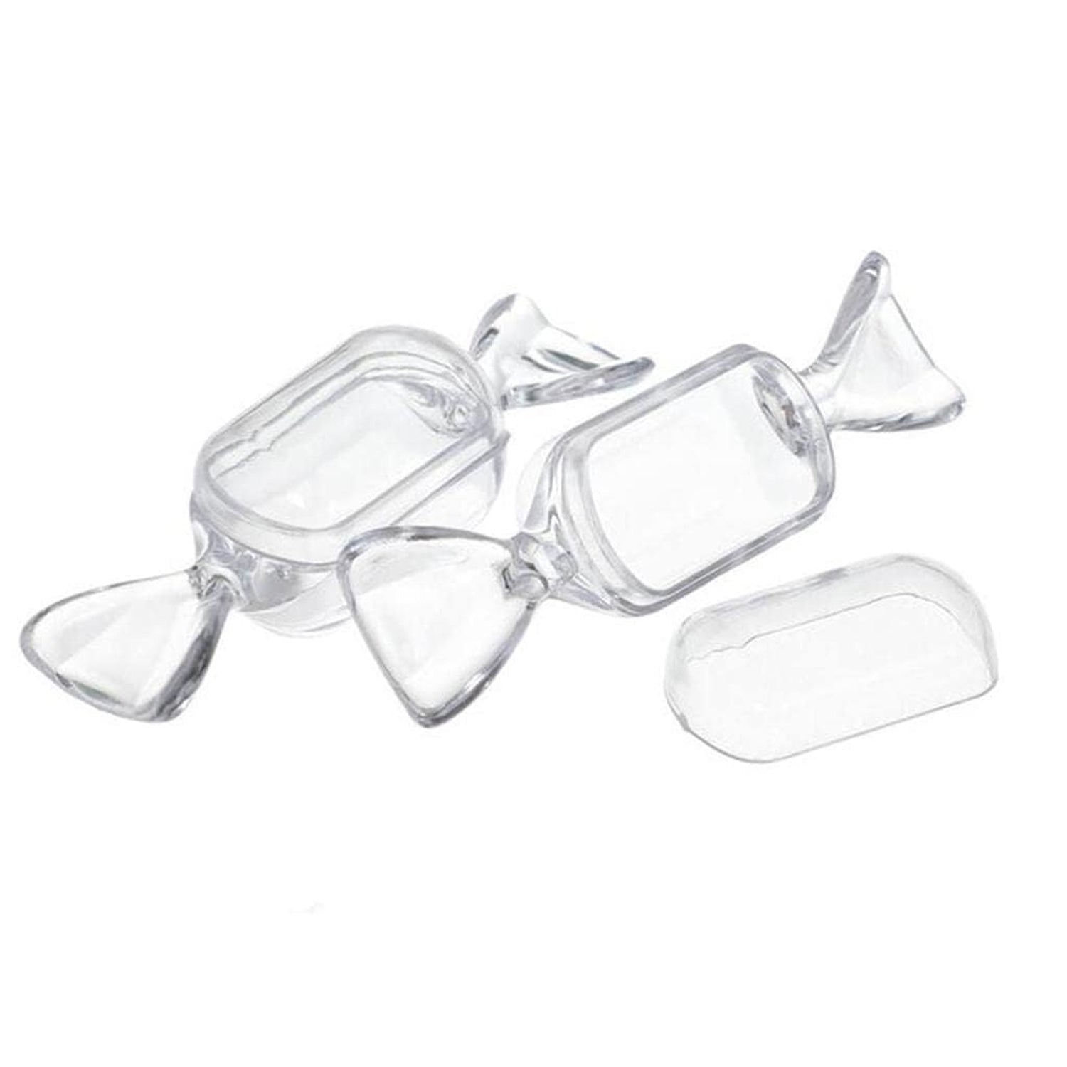 Two clear candy-shaped boxes, one with its lid slightly ajar, are displayed on a plain white background.