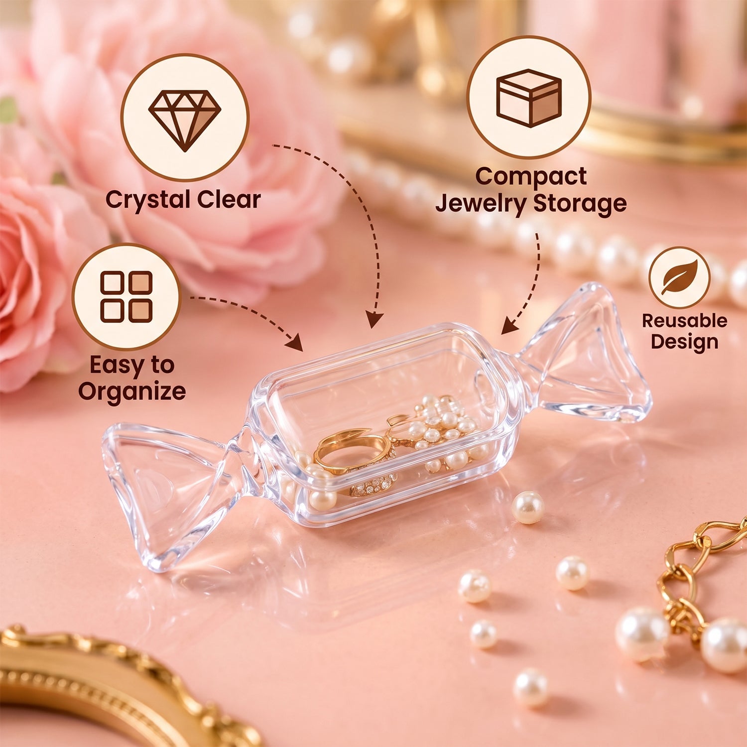 A clear candy-shaped box filled with pearls and rings on a pink surface, with text highlighting its crystal clear and
