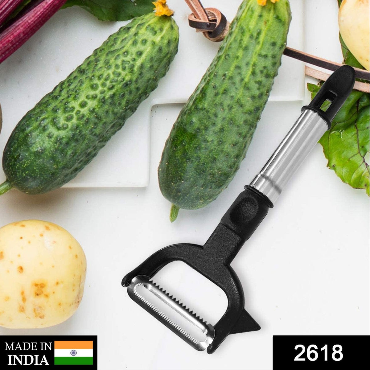2-in-1 peeler showing both julienne and blade sides