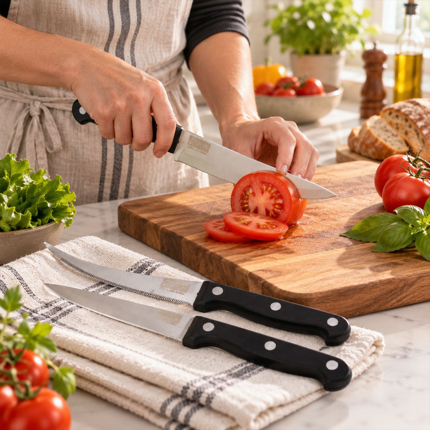 Stainless steel kitchen knife set with riveted handles - food preparation