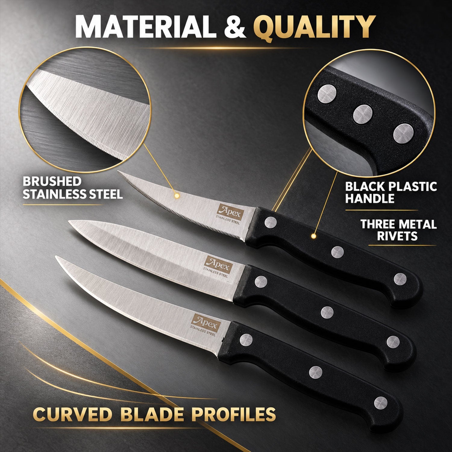 Stainless steel kitchen knife set with riveted handles - blade and handle materials