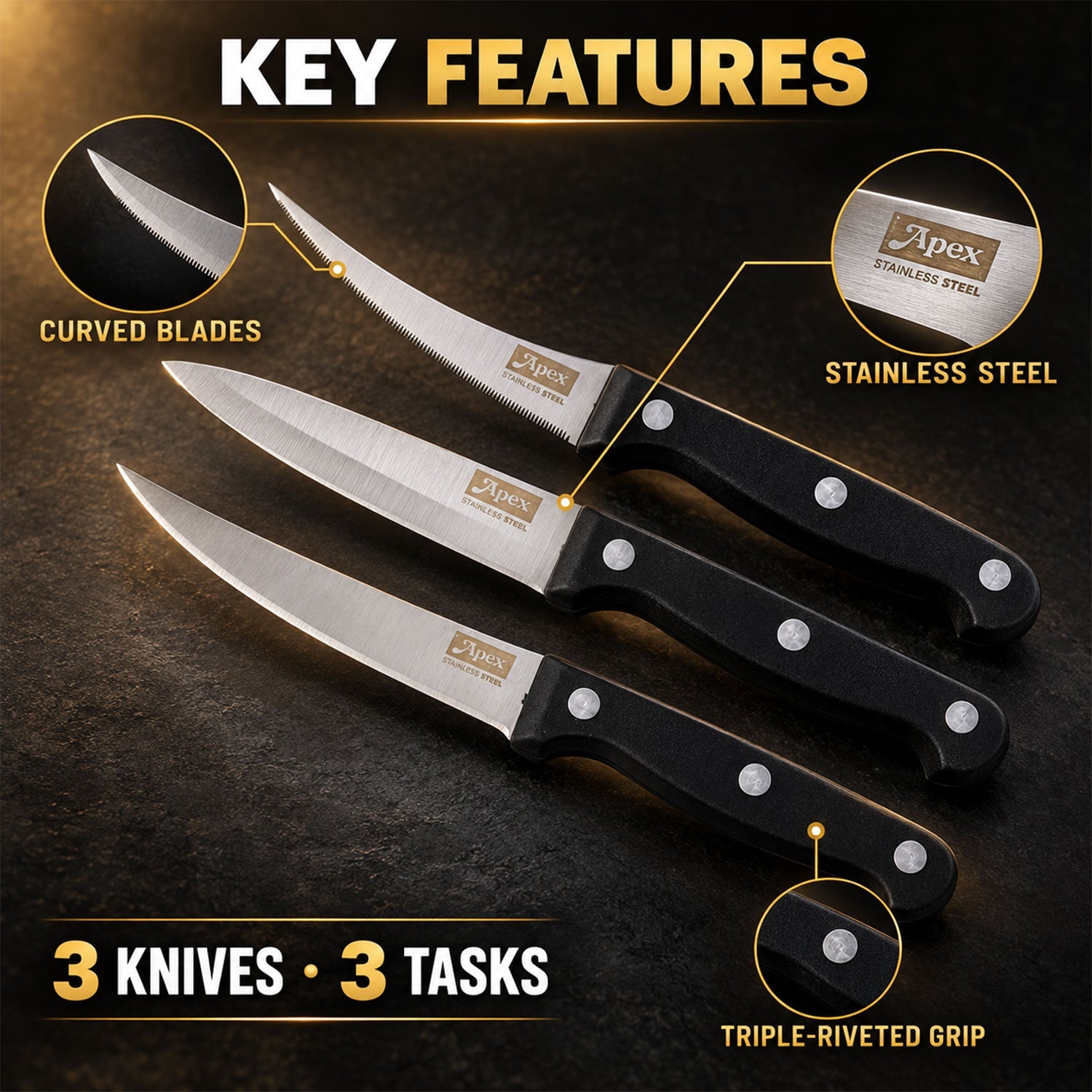 Stainless steel kitchen knife set with riveted handles - set features