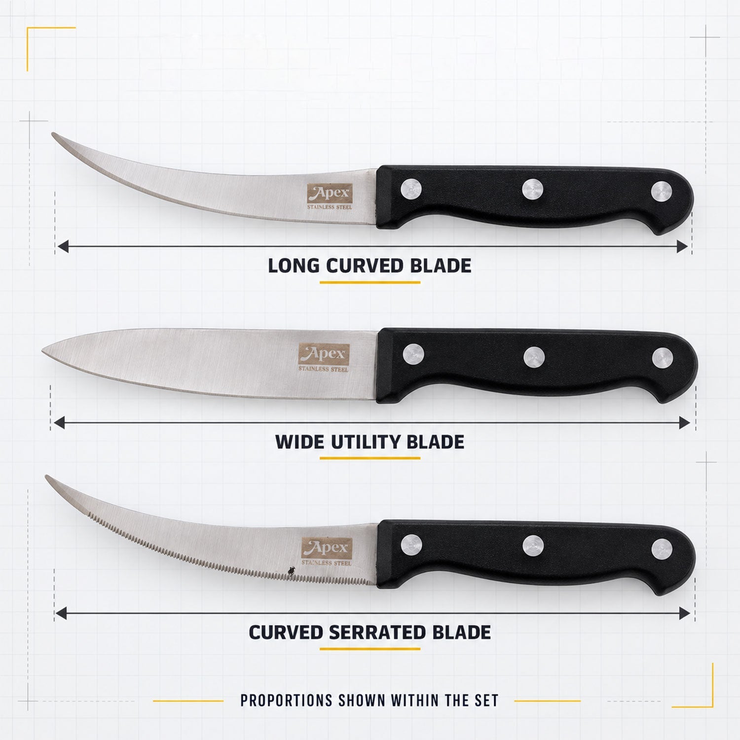 Stainless steel kitchen knife set with riveted handles - blade profile comparison