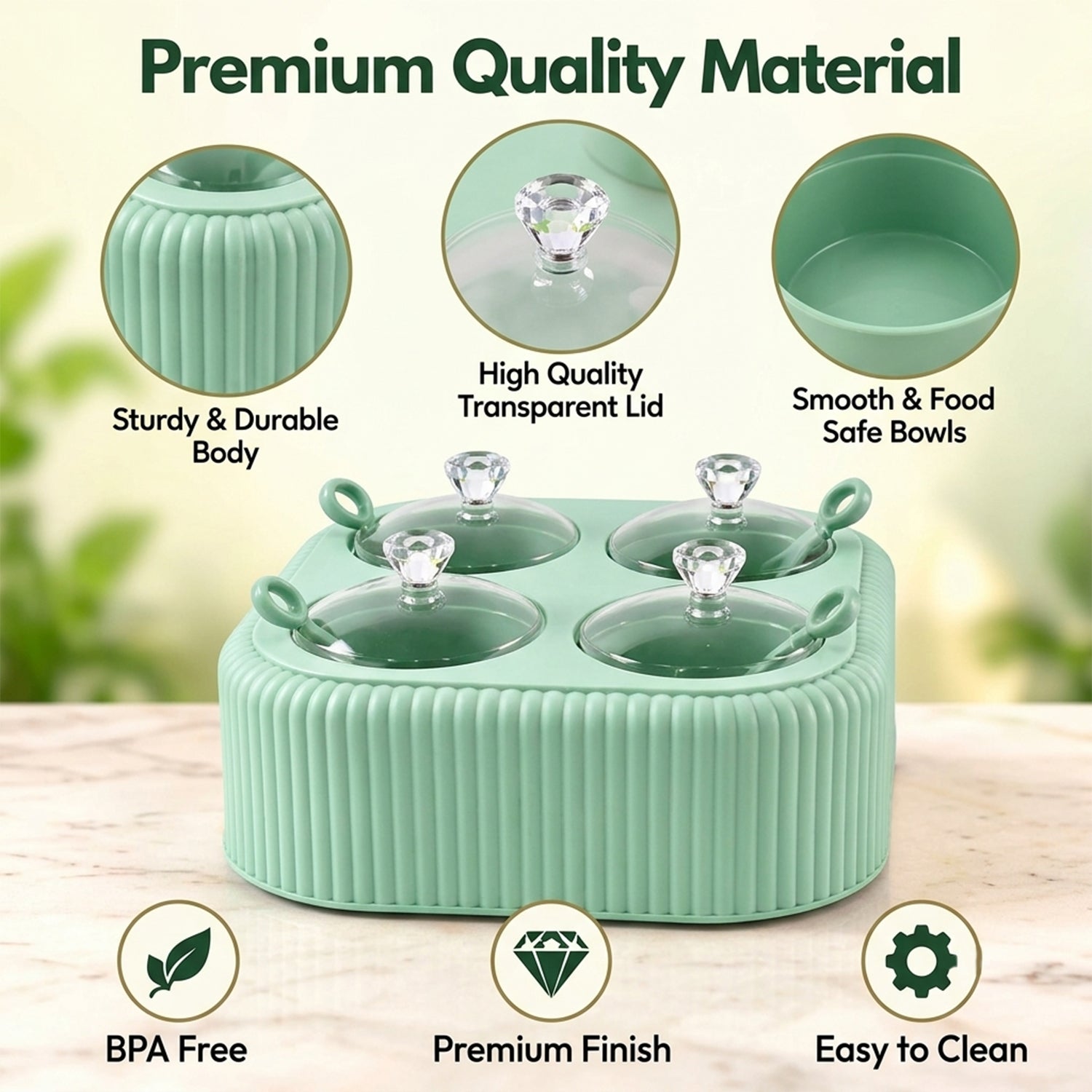 Mint green dining stand with four lidded jars, highlighting material quality and features like BPA-free.