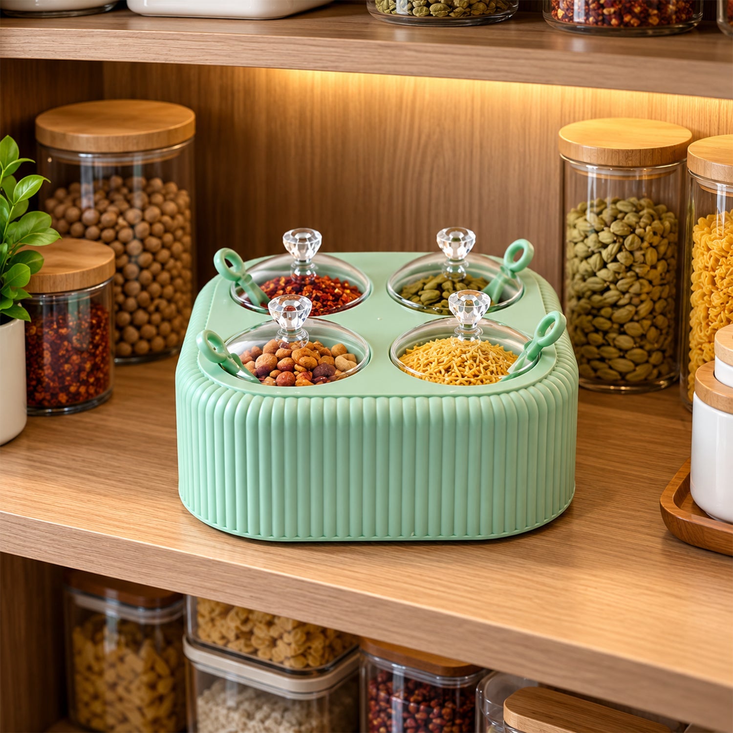 Mint green dining stand with four lidded jars filled with snacks, nestled on a wooden shelf with other jars.