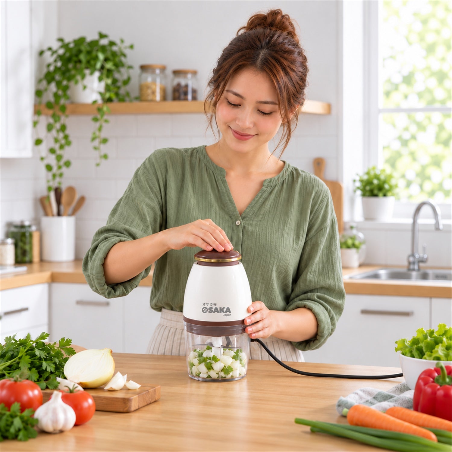 A woman in a green shirt smiles while operating a white and brown electric chopper filled with chopped onions in a bright