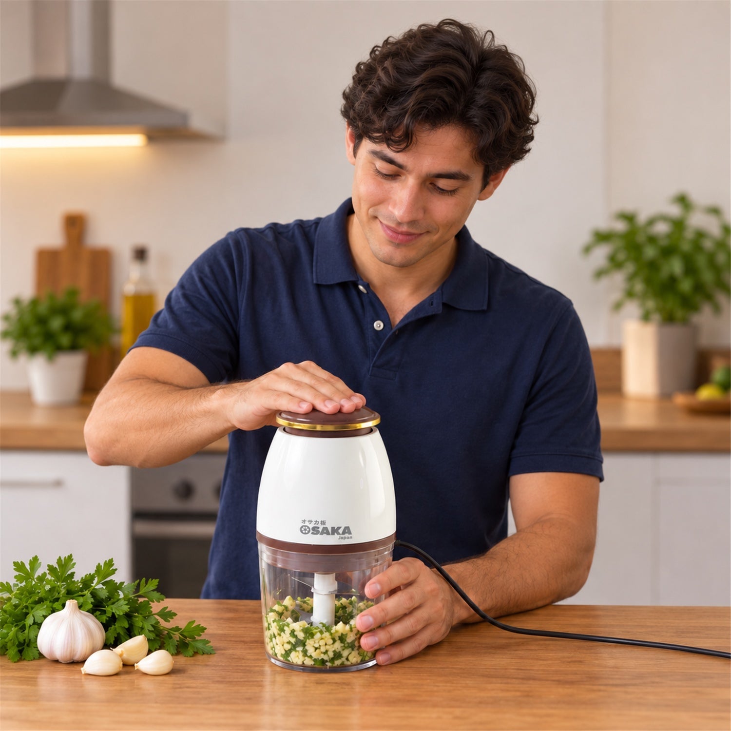 A man in a blue polo shirt smiles while using a white and brown electric chopper to mince garlic on a wooden kitchen counter.