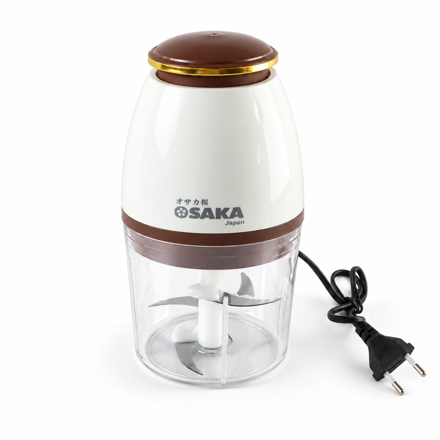 A white and brown electric food chopper with a clear bowl and visible steel blades, unplugged, on a plain white surface.