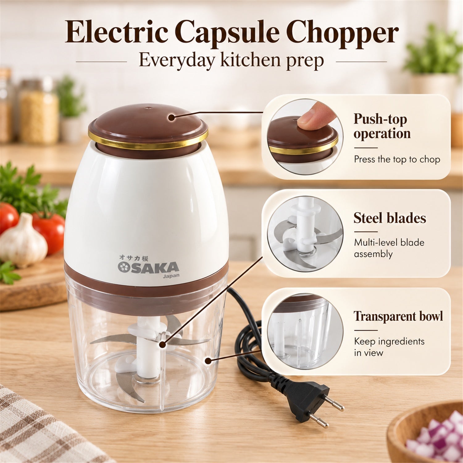 An electric capsule chopper with a transparent bowl and steel blades, highlighting its push-top operation and visible