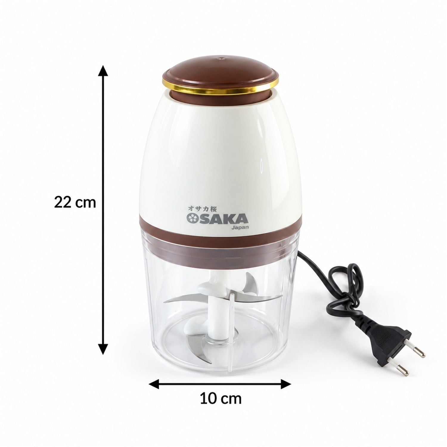 A white and brown electric food chopper with a clear bowl and blades, showing its dimensions of 22 cm height and 10 cm width.