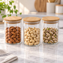 Glass storage jars bamboo lids kitchen dry fruits