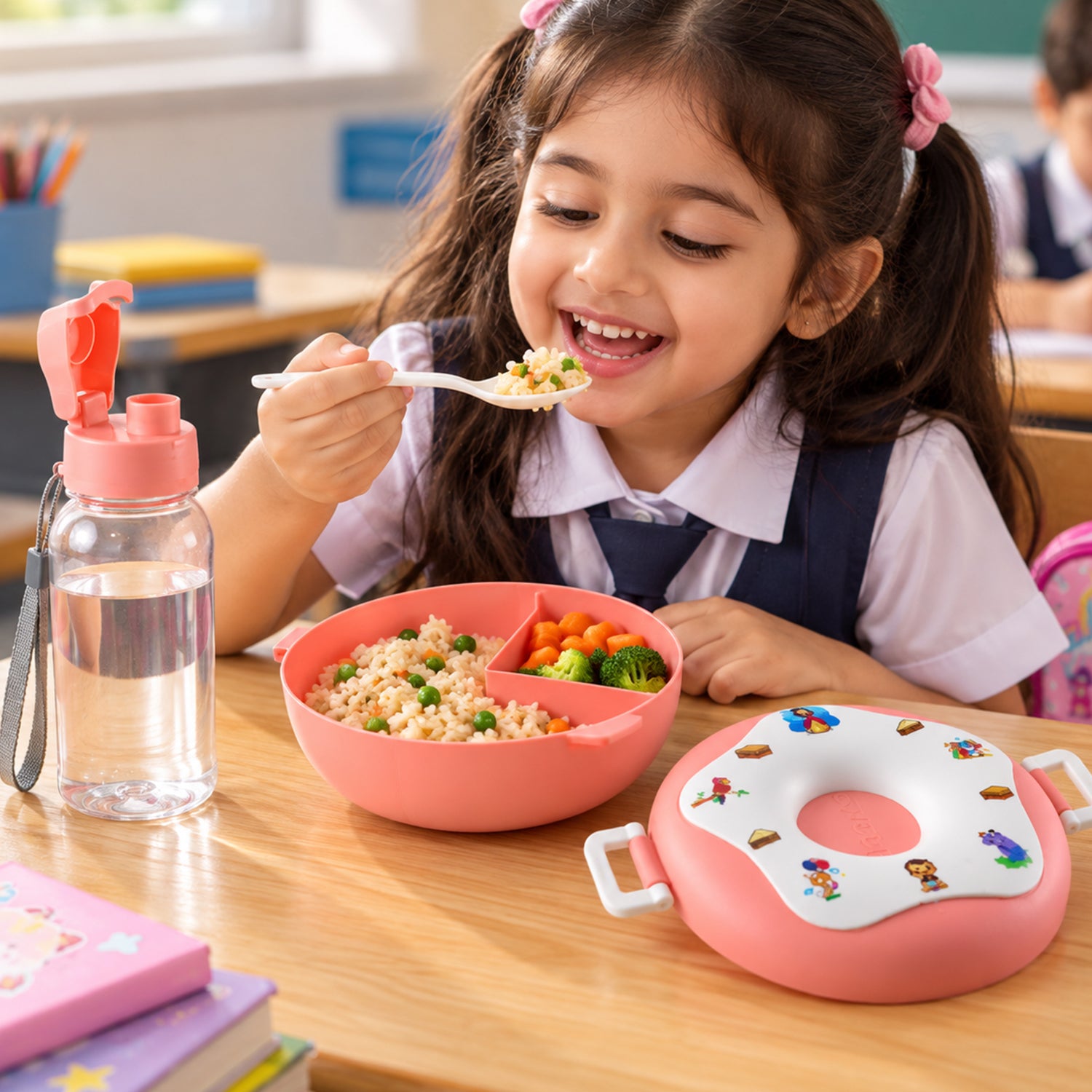 A happy child with pigtails eating from a pink divided bowl at a school desk, with a matching donut lunch box and water