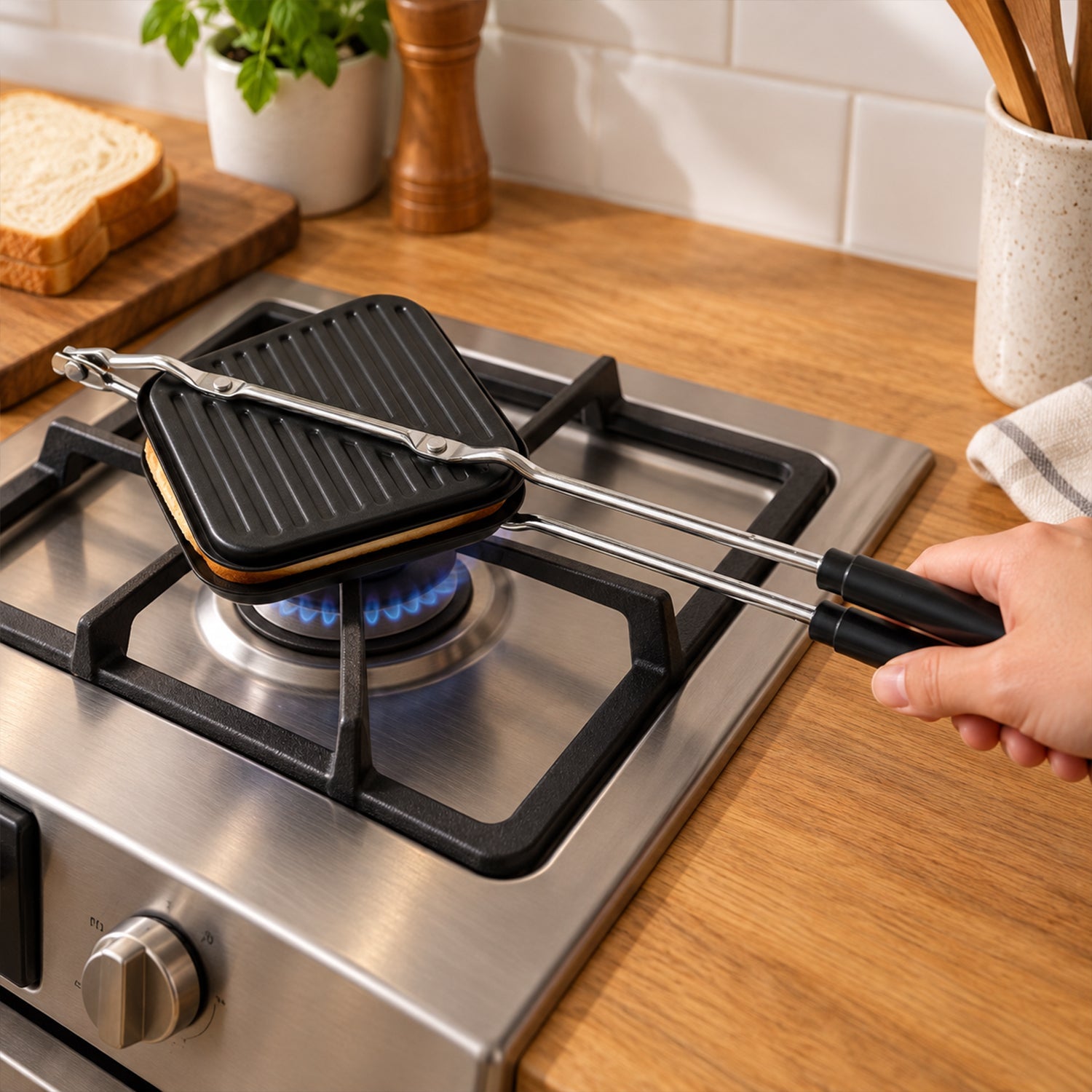 Black stovetop sandwich maker with long metal handles cooking on a gas burner, with a hand holding the handle.