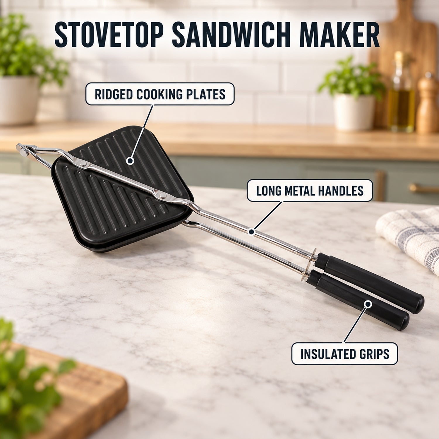 Black stovetop sandwich maker with ridged cooking plates, long metal handles, and insulated black grips on a countertop.